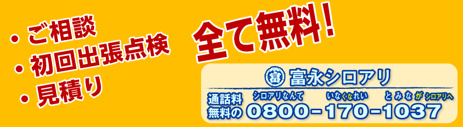 シロアリ(白蟻)ご相談! シロアリ初回出張点検 シロアリ駆除見積もり すべて無料 富永シロアリまで通話料無料の0800-170-1037 鹿児島のシロアリ(白蟻)駆除予防のことなら富永シロアリまで