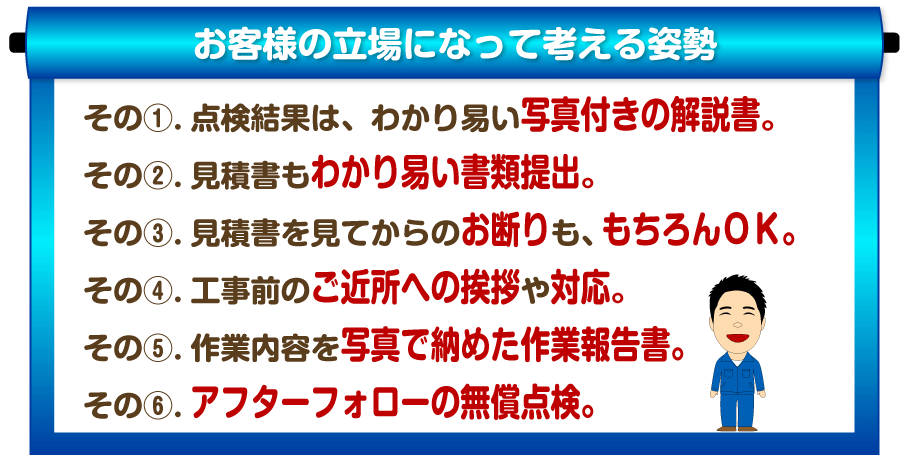 鹿児島のシロアリ問題に対してお客様の立場になって考える姿勢 その1.シロアリ点検結果は、わかり易い写真付の解説書。その2.見積書もわかり易い書類提出。その3.見積書を見てからのお断りももちろんOK.その4.工事前のご近所への挨拶や対応。その5.作業内容を写真で納めた作業報告書。その6.アフターフォローの無償点検。